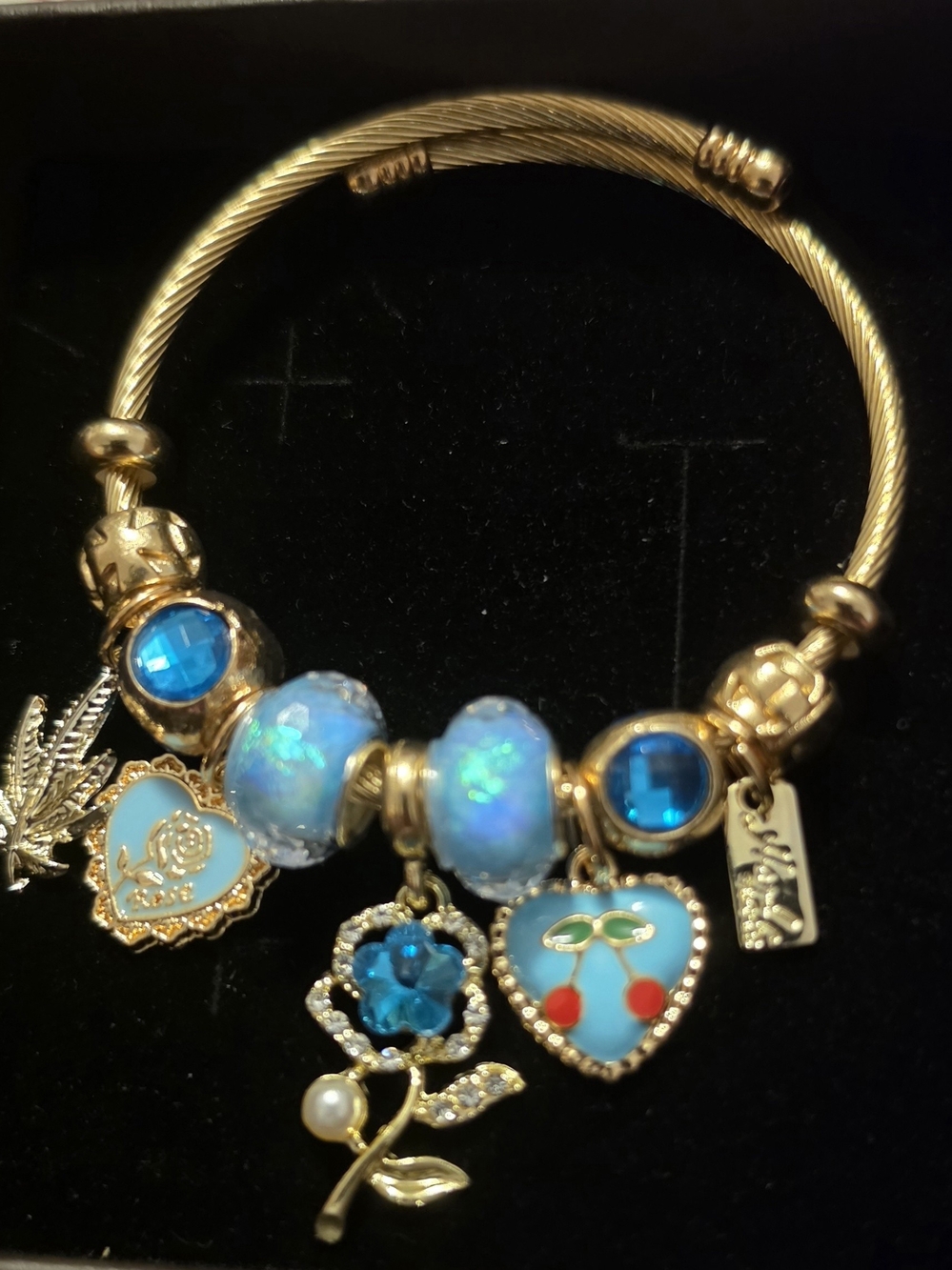Gold-Tone Blue Charm Bracelet with Opal Beads and Heart Charms